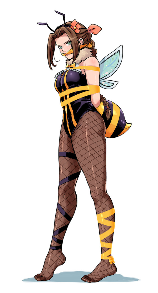 aerith_gainsborough barefoot bee_girl bondage bound final_fantasy final_fantasy_vii fishnet_legwear fishnet_stockings fishnets gag gagged honey_bee honey_bee_inn honeybee_inn_uniform lostonezero loz_(artist) stockings tagme