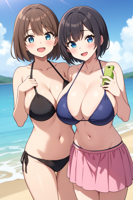 2girls ai_generated beach best_friends bikini black_bikini black_bra black_hair black_thong blue_bikini blue_bra blue_eyes blush brown_hair busty cellphone cleavage duo friends happy huge_breasts inviting inviting_viewer large_breasts open_mouth original original_character original_characters pink_skirt pixai seaside seductive seductive_body seductive_look seductive_mouth self_upload swimsuit thick thick_hips thighs thong voluptuous voluptuous_female