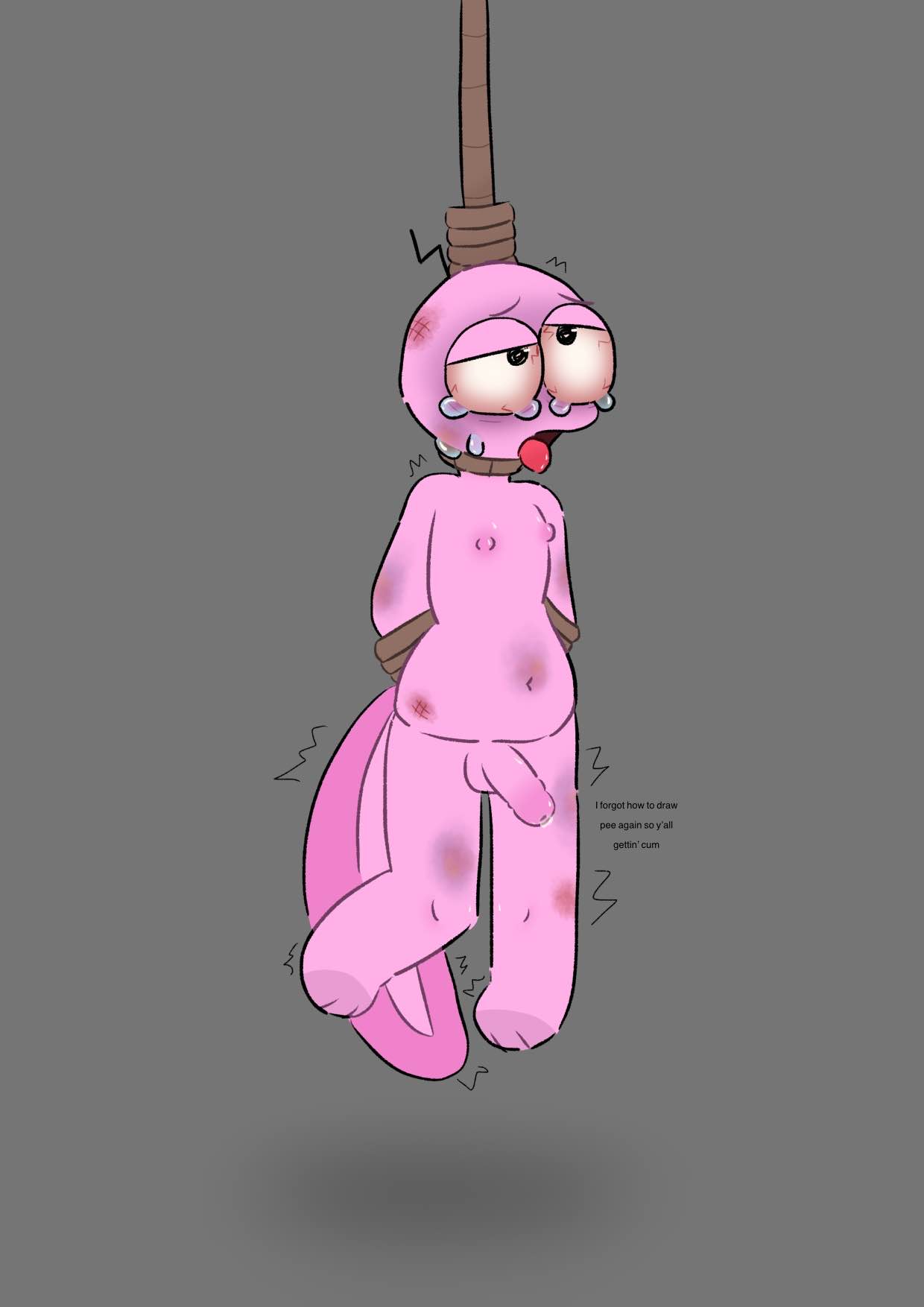 anthro asphyxiation bloodshot_eyes bruised doxy__foxy00 gray_background hi_res noose open_mouth pim_(smiling_friends) pink_body rope scalie smiling_friends snuff tail tied_hands tongue_out