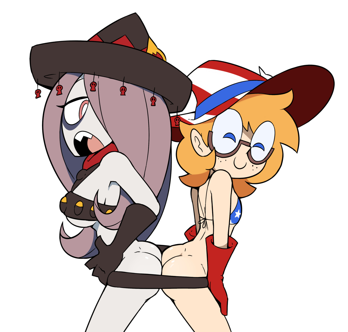 2girls, 4th of july, ass, big breasts, bikini, boots, breasts, female, glass, happy, little witch academia, lotte jansson, miscon, multiple females, multiple girls, naked, straight hair, studio trigger, sucy manbavaran