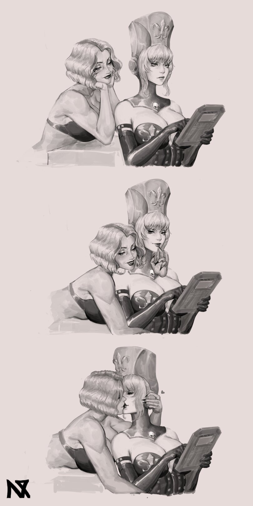 2girls adepta_sororitas imperium_of_man kissing masari_bonnefoy monochrome nick_xinders no_sex ordo_famulous sister_famulous sister_of_battle warhammer_(franchise) warhammer_40k yuri