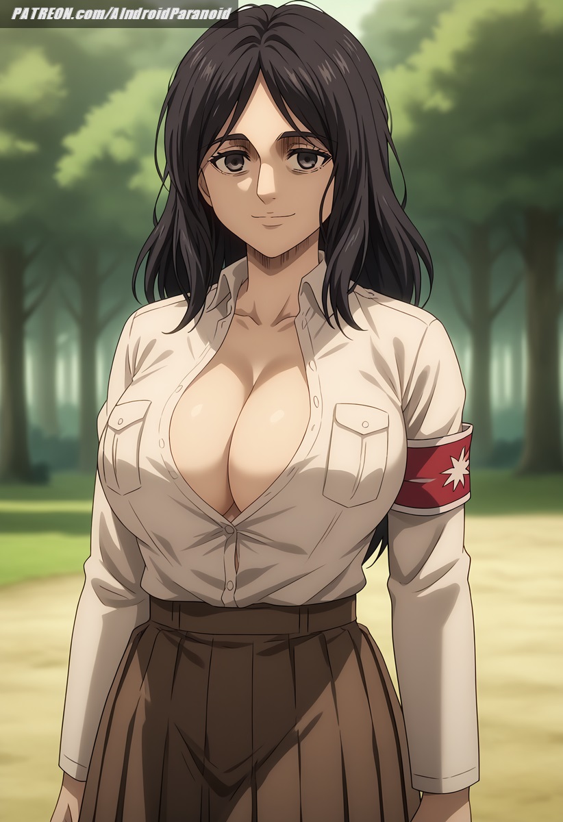 ai_generated aindroidparanoid attack_on_titan big_breasts black_eyes black_hair breasts busty cleavage curvy forest huge_breasts jacket large_breasts messy_hair narrow_waist open_clothes open_shirt outdoors pieck_finger shingeki_no_kyojin shirt skirt slim_waist smile soldier stable_diffusion straight_hair tired_eyes voluptuous warrior