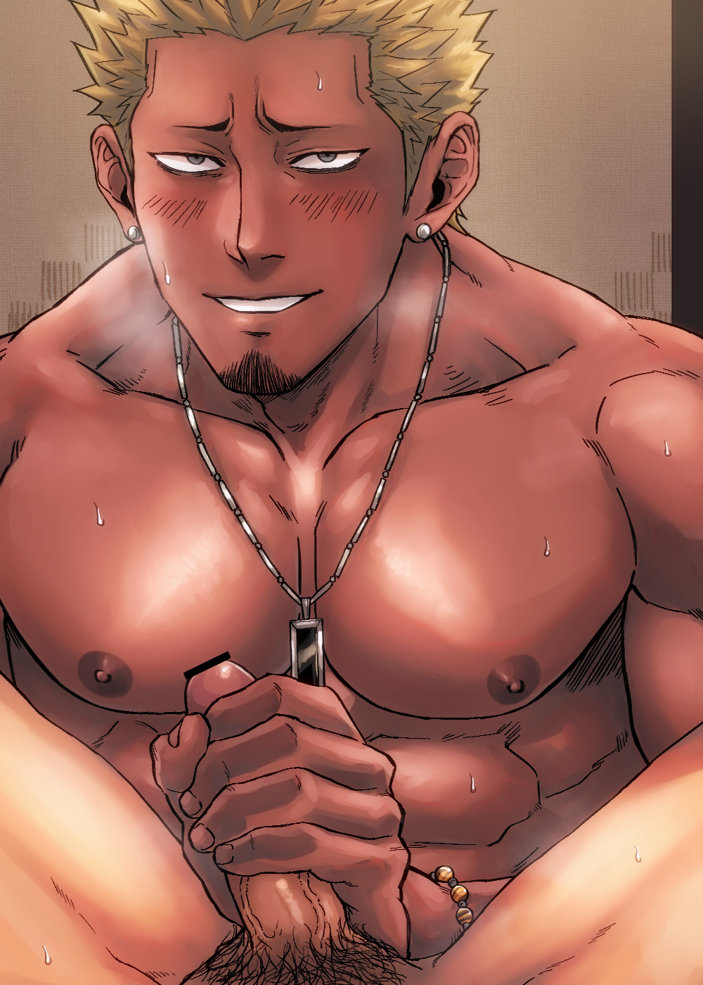 2boys abs beard blonde_hair blush chunchunmen dark-skinned_male dark_skin earrings frown handjob holding_penis looking_at_viewer male male_only muscles muscular muscular_male necklace original original_character panting pecs pubic_hair short_hair spread_legs sweat sweatdrop sweating sweaty veiny_penis wristband yaoi