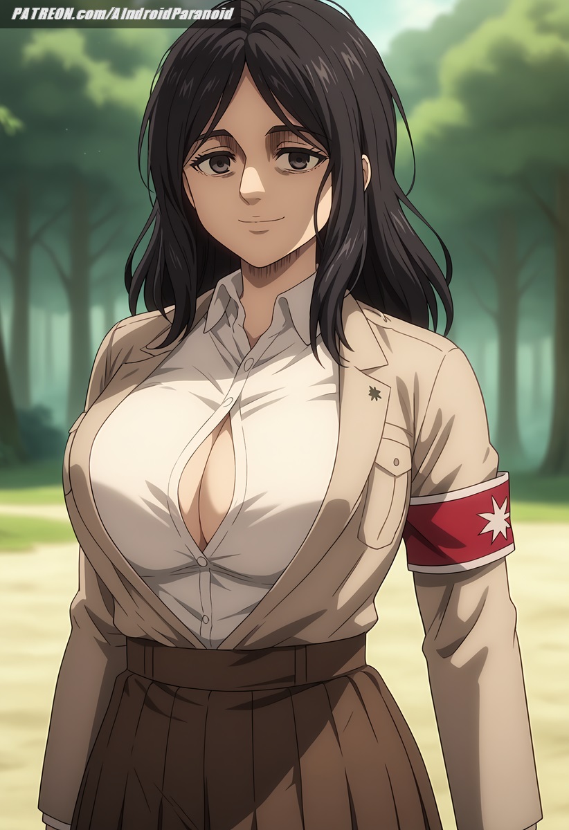 ai_generated aindroidparanoid attack_on_titan big_breasts black_eyes black_hair breasts busty cleavage curvy forest huge_breasts jacket large_breasts messy_hair narrow_waist outdoors pieck_finger shingeki_no_kyojin shirt skirt slim_waist smile stable_diffusion straight_hair tired_eyes voluptuous