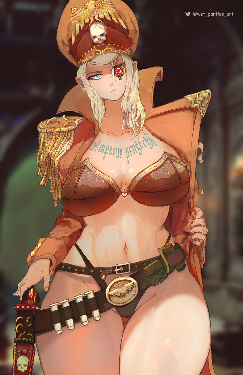 1girls astra_militarum commissar english_text female imperial_guard imperium_of_man text warhammer_(franchise) warhammer_40k wet_panties_art