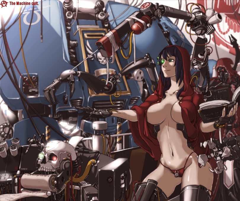 1girls adeptus_astartes adeptus_mechanicus artist_request big_breasts circle_a cybernetics dreadnought_(warhammer_40k) female functionally_nude functionally_nude_female imperium_of_man servo-skull space_marine tagme_(artist) techpriest text ultramarines warhammer_(franchise) warhammer_40k