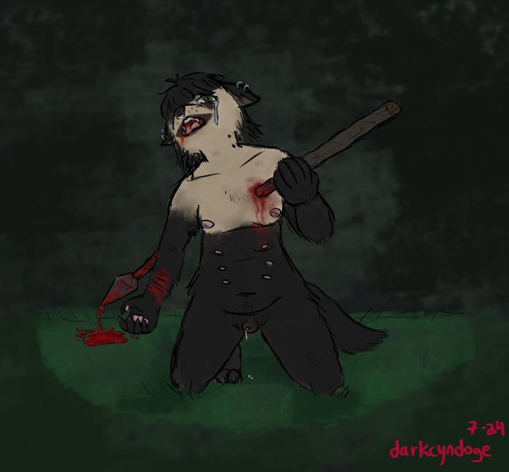 anthro belly_nipples blood blood_from_mouth blood_in_mouth blood_on_hand blood_on_weapon bodily_fluids canid canine canis darkcyndoge domestic_dog dripping_blood fully_impaled genital_fluids gore gynomorph hybrid impaled_breasts impalement intersex leaking_precum mammal multi_nipple nipples pain pinky_(darkcyndoge) precum self-harm solo tears weapon wolfdog