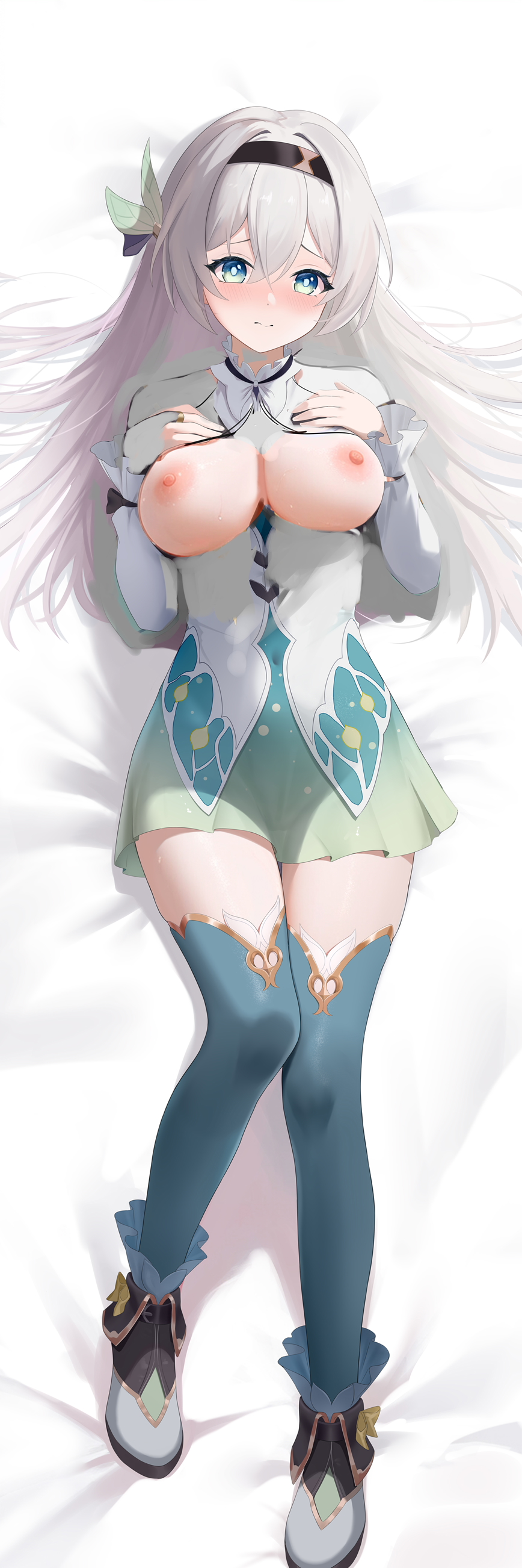 1girls areolae bed blue_eyes blue_thighhighs blush breasts clothed dakimakura dress female firefly_(honkai:_star_rail) hairband honkai:_star_rail honkai_(series) long_hair looking_at_viewer lying medium_breasts nipples on_back on_bed shoes solo thighhighs thighs white_hair xiatian zettai_ryouiki