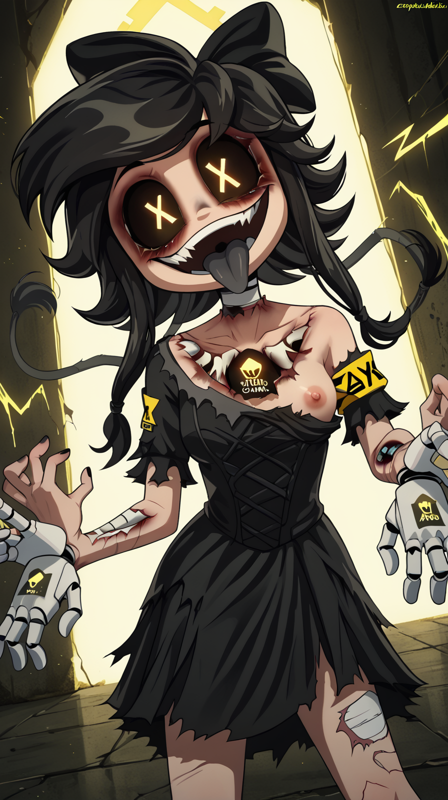 2d :d ai_generated black_hair black_nails bow cyn_(murder_drones) cyntessa_(murder_drones) female gothic_lolita head_tilt humanoid multi_extremity multi_hand murder_drones nipple one_breast_out open_mouth prefectponyxl_v2(model) robot robot_girl robot_humanoid sharp_teeth stable_diffusion standing tessa_elliot tongue_out torn_clothes torn_skin x_eyes