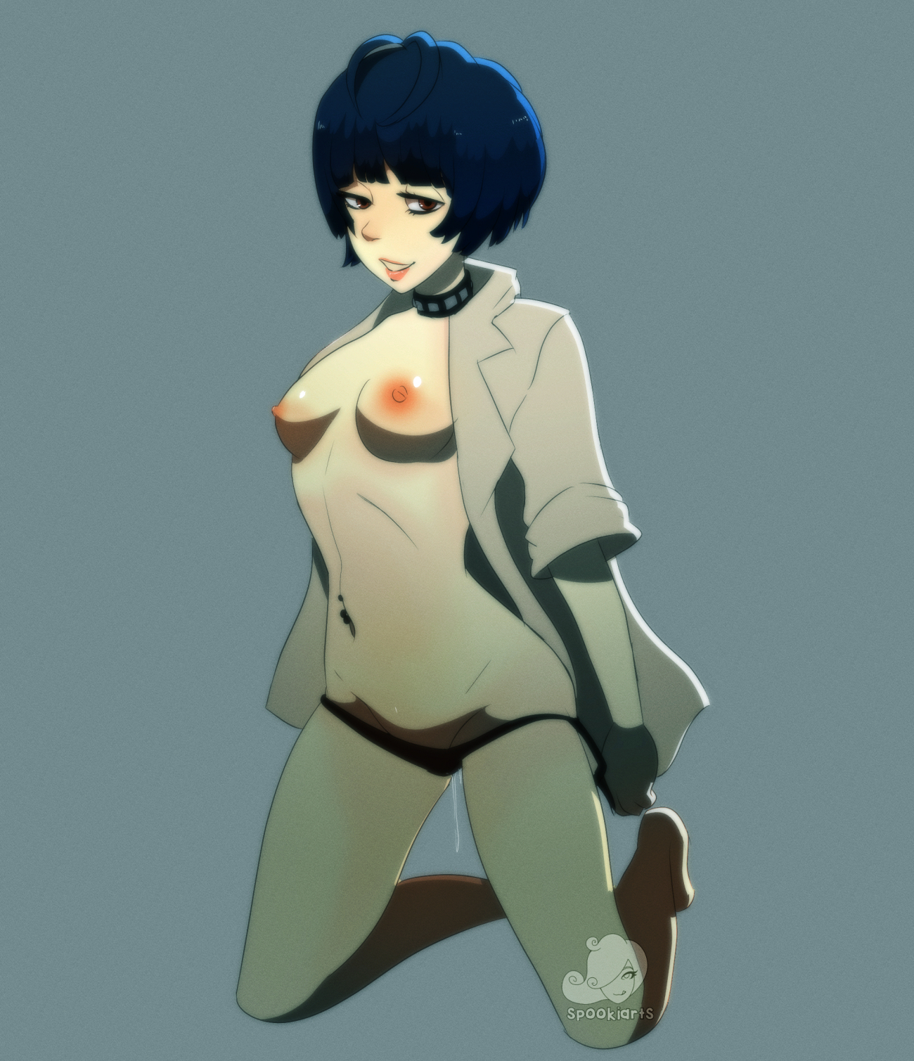 2017, areolae, bedroom eyes, black panties, blue hair, breasts, breasts out, choker, collar, eyeliner, female, female only, looking at viewer, naughty face, navel, nipples, no bra, open shirt, panties, panty pull, persona, persona 5, piercing, pussy, pussy juice, pussy juice drip, short hair, smile, solo, spookiarts, tae takemi, thighs
