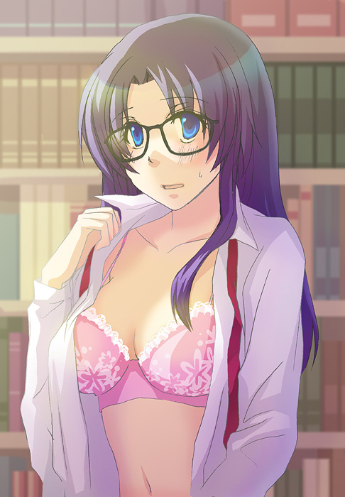 blue_eyes blush bra female glasses lingerie open_clothes open_shirt pink_bra read_or_die saeki_poteri shirt solo underwear yomiko_readman