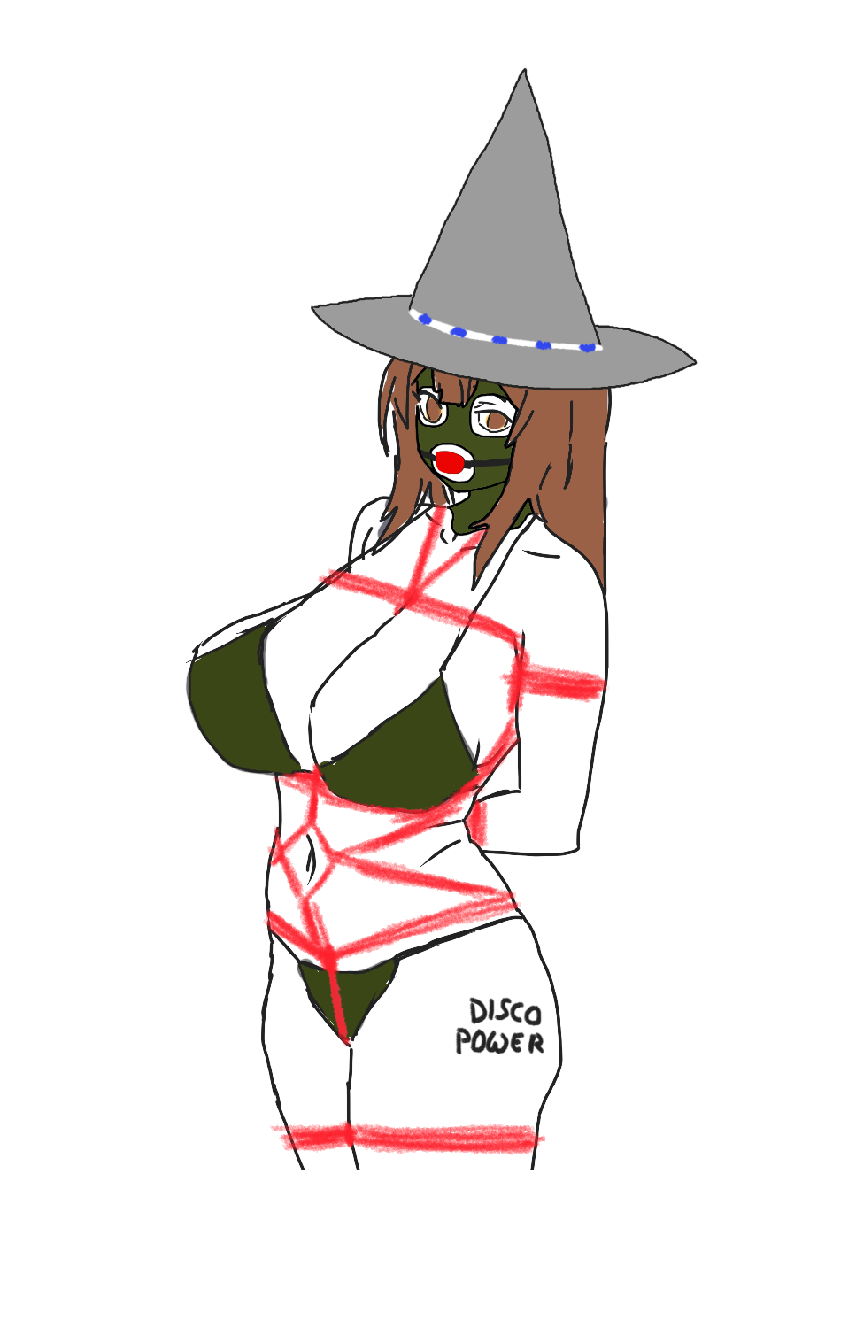 1girls armpits balaclava ball_gag belt bikini body_writing bondage breasts brown_hair hands_behind_back large_breasts magicman-chan magicman1410 magicwoman midriff navel rope_bondage rope_harness witch witch_hat wizard_hat