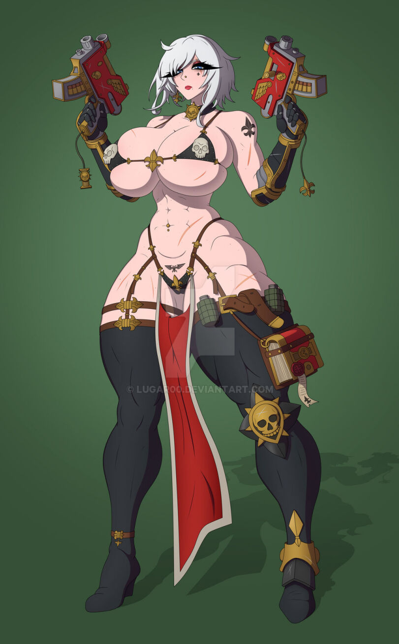 adepta_sororitas belly_button_piercing big_ass big_breasts big_butt bikini_armor blue_eyes bolter book choker collar ear_piercing earrings grenade grenades gun human imperium_of_man large_ass large_breasts large_butt long_legs lugar00 navel_piercing nose_piercing pistol purity_seal revealing revealing_clothes scar scars short_hair sister_of_battle skimpy skimpy_clothes skull tattoo thick_ass thick_thighs thighhighs warhammer_(franchise) warhammer_40k weapon white_hair