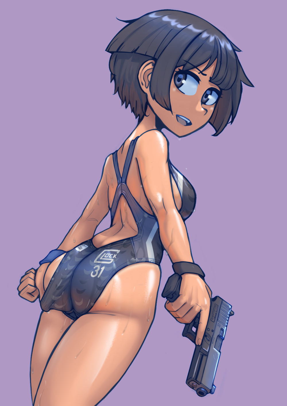 1girls blue_eyes bob_cut bowl_cut clothes_pull clothing dark_hair dutch_angle female firearm glock gun handgun holding_weapon human naze1941_nahm one-piece_swimsuit open_mouth pale_skin pistol sideboob smile swimwear tagme tanline tanned trigger_discipline weapon wristwear