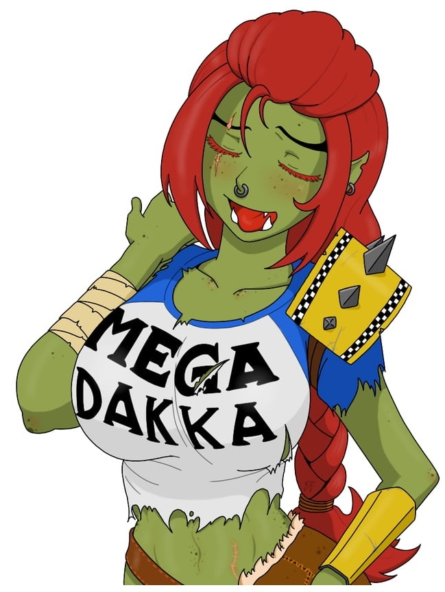 1girls big_breasts english_text eyelashes female female_focus female_only female_orc green_skin hair_squig khobotov long_hair mega_milk meme midriff nose_piercing nose_ring orc orc_female ork pauldron red_hair scar scar_across_eye shirt slim_waist sole_female solo solo_female text torn_clothes torn_clothing torn_shirt torn_t-shirt warhammer_(franchise) warhammer_40k