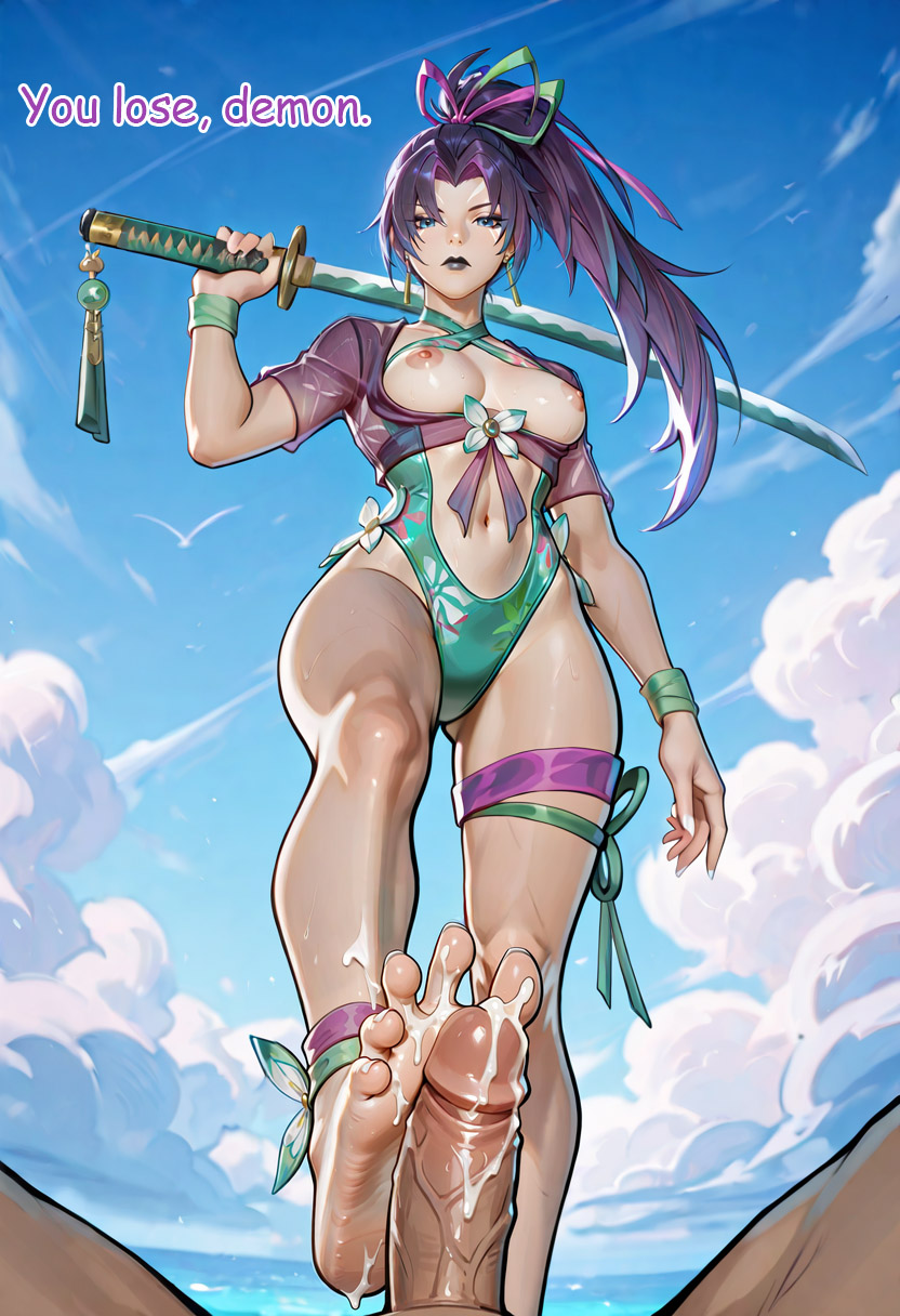 1boy, 1girls, ai generated, breasts, breasts out, cum, feet, female, footjob, from below, male, male pov, marvel, marvel comics, marvel rivals, medium breasts, nova furry xl, psylocke, psylocke (sai) (breezy butterfly), serious, sq7, swimsuit, text
