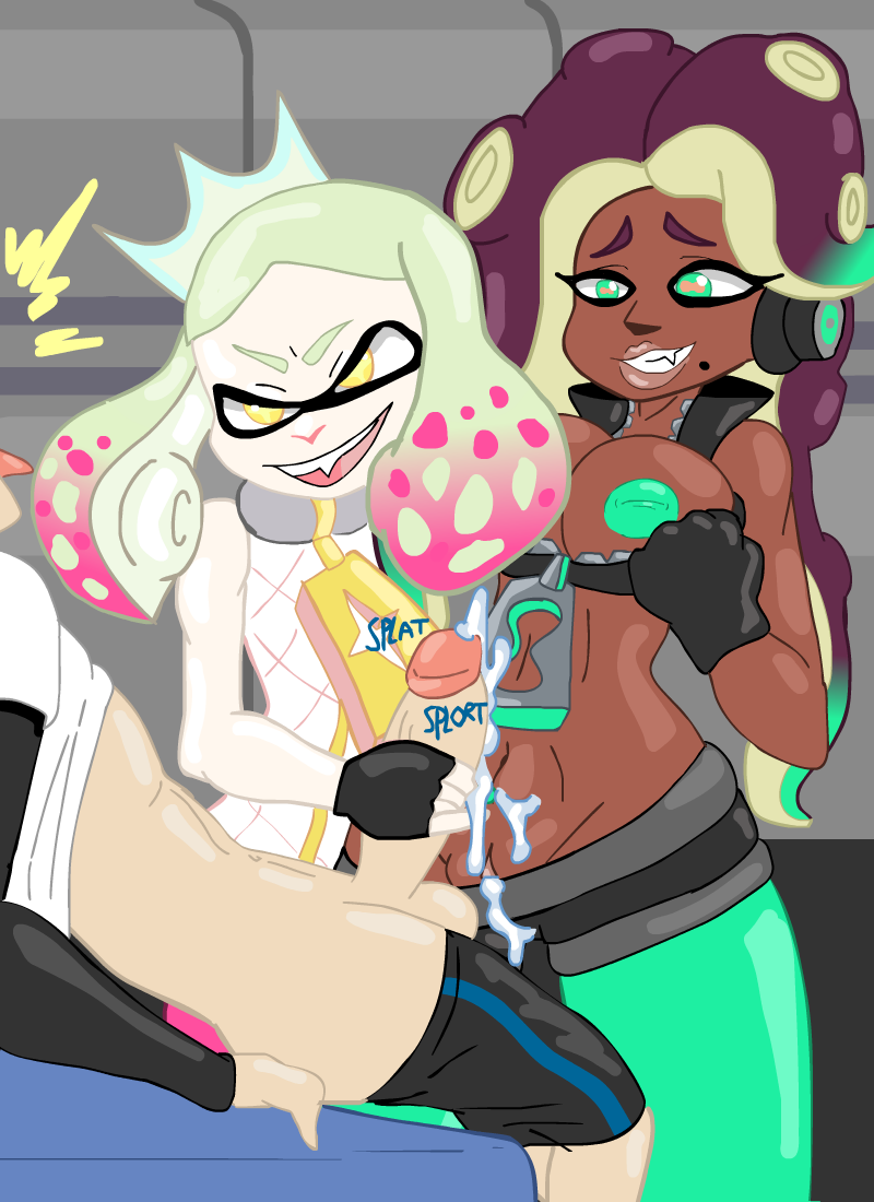 2girls b0nf1r3thelier beauty_mark bosomancer breasts breasts_out cum dark_skin female fingerless_gloves green_eyes green_nipples handjob inkling inverted_nipples marina_(splatoon) mole mole_under_mouth multiple_girls nintendo pearl_(splatoon) penis rickeyhentai splatoon splatoon_2 tentacle_hair yellow_eyes ymmot392