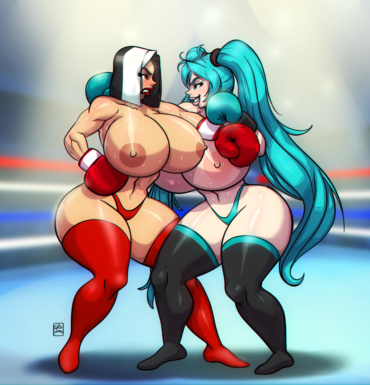 2girls big_ass big_breasts big_thighs black_and_white_hair boxing boxing_gloves boxing_ring breasts brown_eyes bust busty chest crossover curvaceous curvy curvy_figure cyan_boxing_gloves cyan_eyes cyan_gloves cyan_hair digital_media_(artwork) female female_focus female_only fighting_ring gabocaricaturas gloves hatsune_miku hazden_(gabocaricaturas) hips hourglass_figure huge_ass huge_breasts huge_thighs large_ass large_breasts large_thighs legs light-skinned_female light_skin lips lipstick mature mature_female original original_character red_boxing_gloves red_gloves red_lipstick slim_waist stockings thick thick_hips thick_legs thick_thighs thighhighs thighs topless topless_boxing twintails vocaloid voluptuous voluptuous_female waist wide_hips wide_thighs