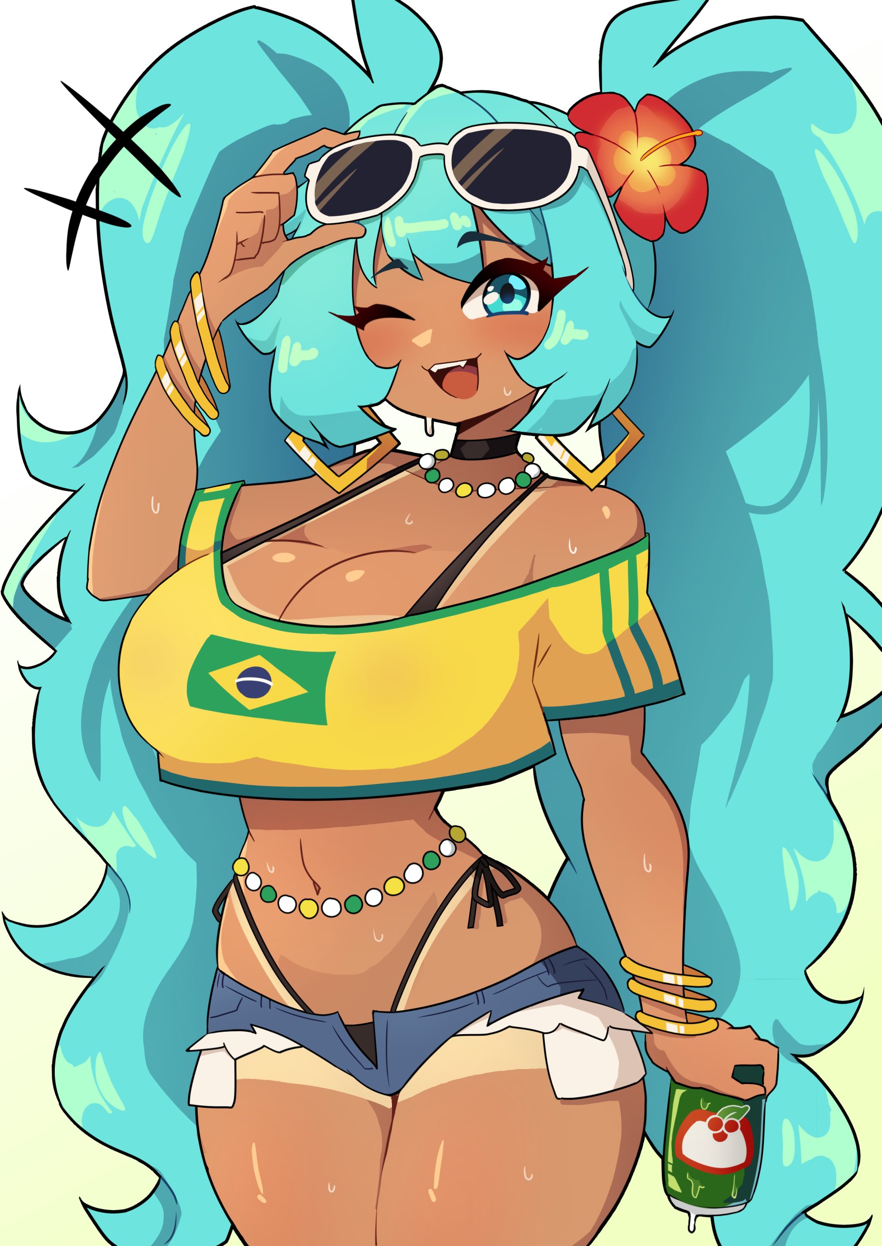1girl, 1girls, aqua eyes, aqua hair, ass, big ass, big breasts, big thighs, bikini, bracelet, brazil, brazilian, brazilian female, brazilian miku, breasts, can, choker, cleavage, crop top, cyan eyes, cyan hair, dark skin, dark-skinned female, earrings, eyewear on head, female, female only, flower, hair flower, hair ornament, hatsune miku, highleg, huge ass, huge thighs, j5daigada, jewelry, large breasts, latin american hatsune miku (meme), long hair, looking at viewer, midriff, navel, necklace, one eye closed, open mouth, shirt, short shorts, shorts, smile, solo, sunglasses, swimsuit, tagme, tan, tan body, tan skin, tanline, tanlines, thick hips, thick thighs, thighs, thong, thong straps, twintails, very long hair, vocaloid, wide hips, yellow shirt