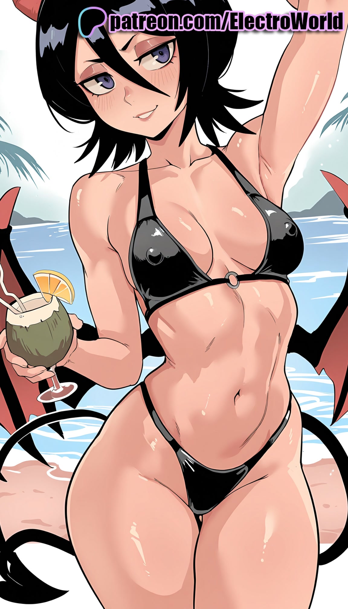1girls, 2025, ai generated, artist name, beach, bikini, black bikini, black hair, bleach, breasts, bust, chest, cup, demon tail, demon wings, drinking straw, electroworld, female, hi res, high quality, high resolution, highres, horns, kuchiki rukia, palm tree, patreon, patreon username, short hair, smile, solo, stable diffusion, swimsuit, tail, watermark
