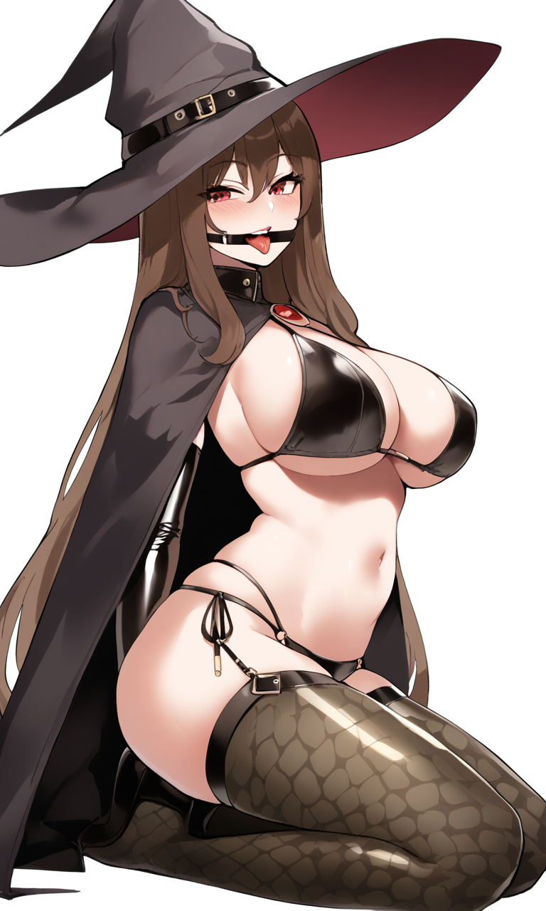 1girls ai_generated bikini brown_hair drooling kneeling large_breasts latex_thighhighs magicman-chan magicman1410 magicwoman midriff military_uniform navel open_mouth ring_gag smug_face tongue_out witch witch_hat wizard_hat