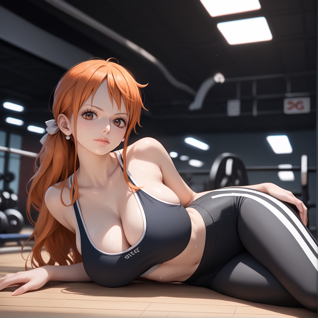 1girls, 2d, ai generated, ass, athletic, athletic female, bare shoulders, belly, big ass, big breasts, bra, breasts, curvy, curvy figure, cute, cute face, detailed, eyelashes, eyeshadow, female, female only, fit, fit female, focus, ginger, ginger hair, gym, gym uniform, high quality, huge breasts, large breasts, legs, light skin, light-skinned female, lips, lipstick, long hair, looking at viewer, makeup, mascara, mature, midriff, nami (one piece), one piece, orange eyes, orange hair, pale skin, pale-skinned female, posing, post-timeskip, sagging breasts, seductive, seductive look, shorts, sports bra, stable diffusion, stretching, tagme, thick ass, thick butt, thick thighs, thighs, tight clothes, tight clothing, wide hips, working out