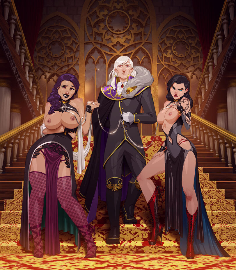 1boy 2girls 2girls1boy alternate_version_available areolae big_breasts black_hair breasts breasts_out chains female high_heel_boots high_heels image_set imperium_of_man inquisition_(warhammer_40k) inquisitor leash looking_at_viewer nipple_piercing nipples purple_hair straight warhammer_(franchise) warhammer_40k white_hair zed_edge zededge