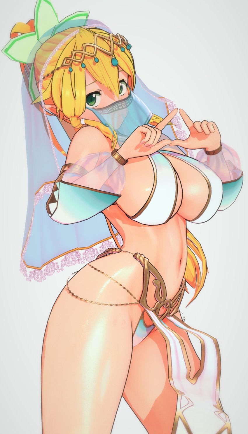 1145ryou_cm3d2 3d blonde_hair breasts circlet cleavage commentary_request female green_eyes hair_between_eyes harem_outfit highres large_breasts leafa long_hair looking_at_viewer mouth_veil navel pelvic_curtain pointy_ears ponytail revealing_clothes see-through simple_background solo sword_art_online thighs veil white_background