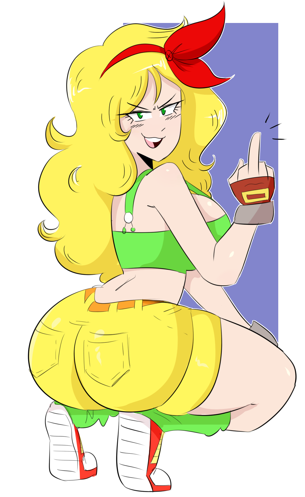 1girls ass bad_launch big_ass blonde_hair dat_ass dragon_ball female female_only green_eyes huge_ass huge_breasts jinu launch leg_warmers lunch_(dragon_ball) middle_finger shortshorts solo thick thick_thighs voluptuous wide_hips