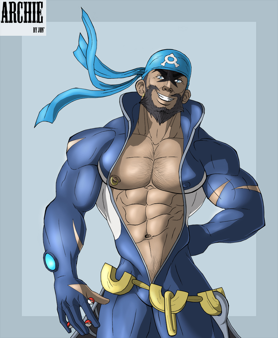 archie_(pokemon) balls bara beard bodysuit bulge facial_hair flaccid headkerchief jondessins male male_only muscles muscular nintendo penis pokemon solo solo_male team_aqua