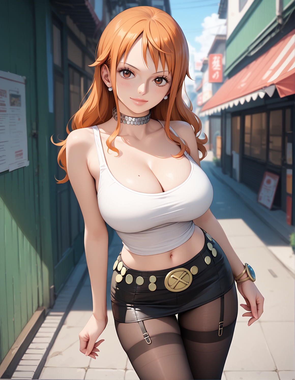 1girls, 2d, ai generated, ass, athletic, athletic female, bare shoulders, belly, big ass, big breasts, breasts, clothed, clothing, curvy, curvy figure, cute, cute face, detailed, eyelashes, eyeshadow, female, female only, fit, fit female, focus, ginger, ginger hair, high quality, huge breasts, large breasts, legs, light skin, light-skinned female, lips, lipstick, long hair, looking at viewer, makeup, mascara, mature, midriff, miniskirt, nami (one piece), nero100, one piece, orange eyes, orange hair, pale skin, pale-skinned female, pantyhose, posing, post-timeskip, sagging breasts, seductive, seductive look, sexy clothing, sleeveless, sleeveless dress, stable diffusion, stockings, tagme, tank top, thick ass, thick thighs, thighs, wide hips