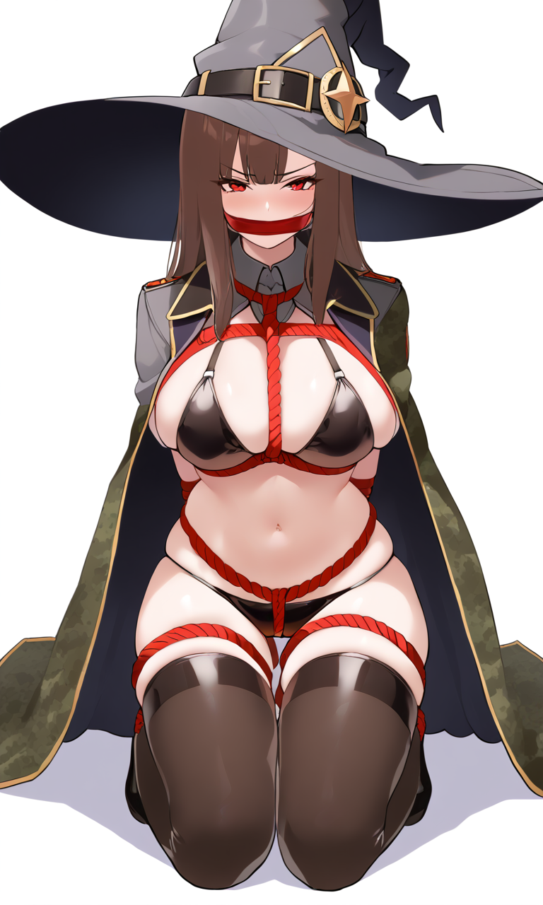 1girls ai_generated bikini bondage brown_hair hands_behind_back large_breasts lingerie magicman-chan magicman1410 magicwoman midriff military_uniform navel rope_harness roperope_bondage smug_face tied_up tongue_out underwear witch witch_hat wizard_hat