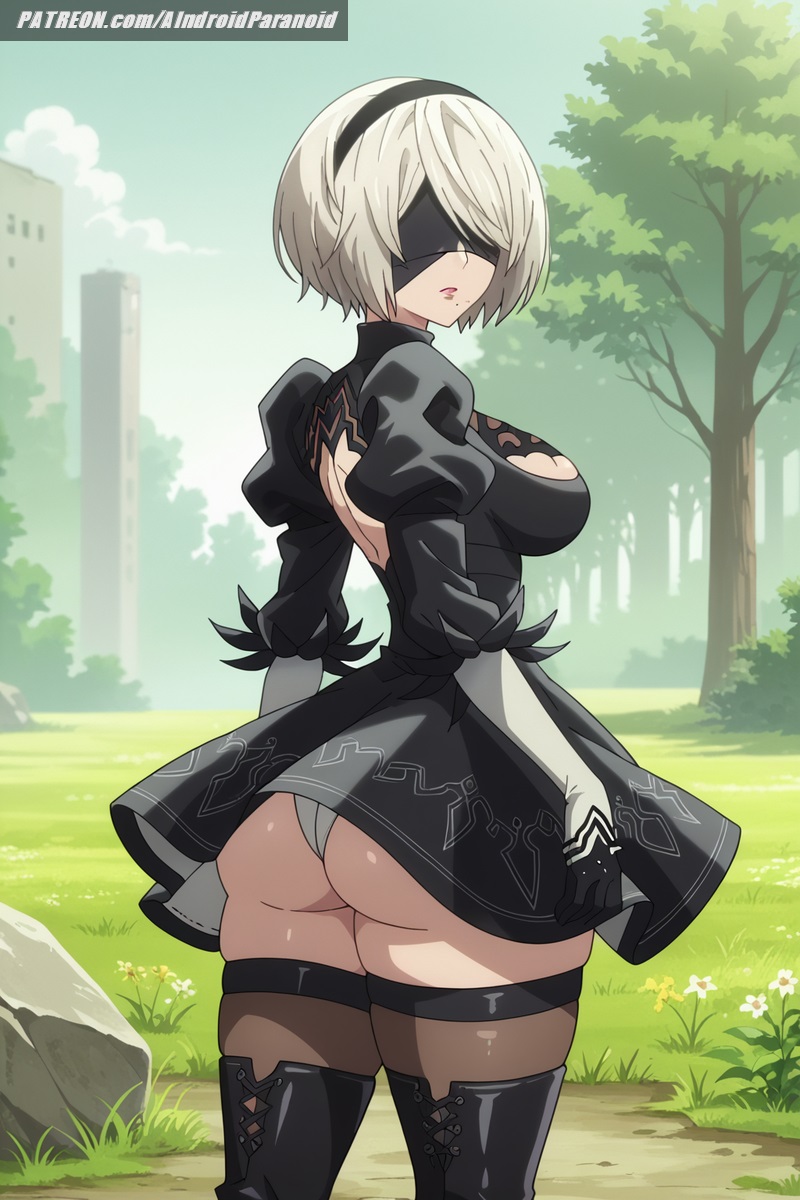 ai generated, aindroidparanoid, android, ass, ass focus, big breasts, blindfold, breasts, cameltoe, dress, fat ass, female, female only, forest, from behind position, huge ass, huge breasts, leotard, looking back, nier, nier (series), nier: automata, petite, pussy, short hair, slim waist, stable diffusion, straight hair, white hair, yorha 2b