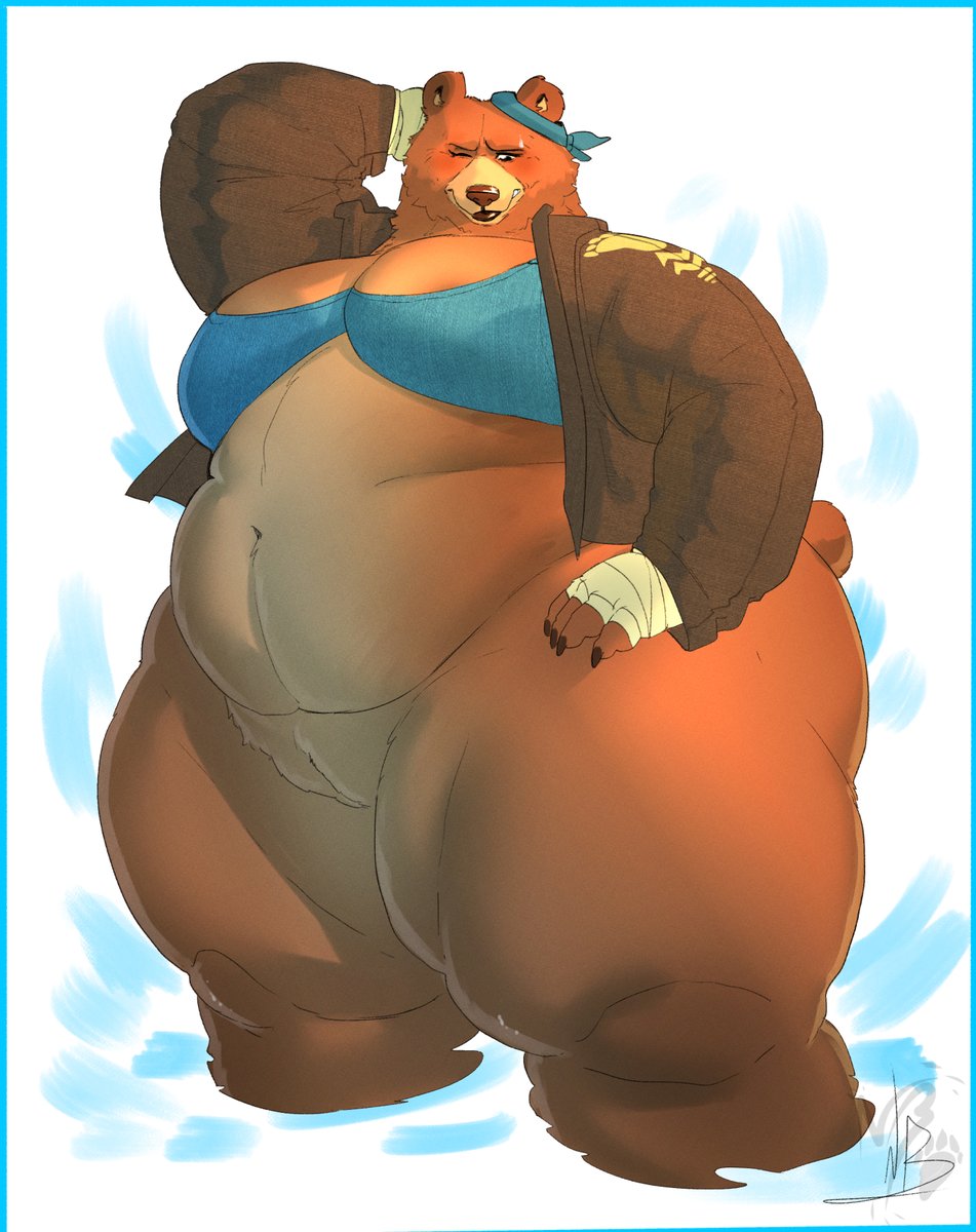 anthro ass bear belly big_breasts big_butt bomber_jacket bottomless bra breasts clothed clothing female genitals hi_res huge_breasts huge_butt huge_hips huge_thighs jacket mammal navel nnightbear_b overweight overweight_anthro overweight_female partially_clothed pussy solo thick_thighs topwear underwear ursine wide_hips