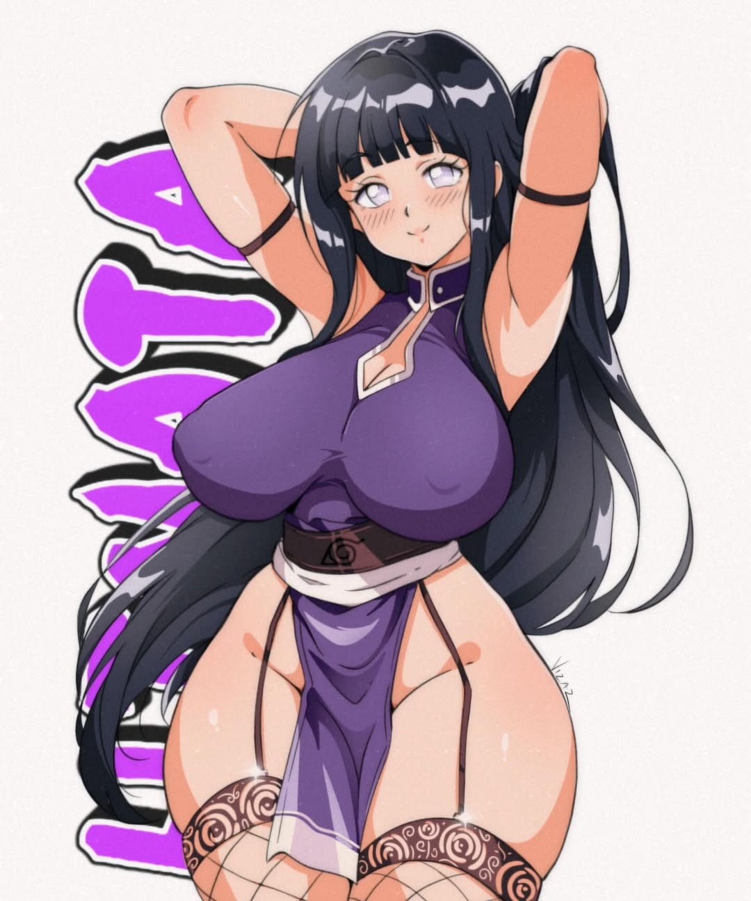 adjusting hair, armpits, arms behind head, artist name, black hair, blunt bangs, blush, breasts, character name, closed mouth, commentary, covered erect nipples, cowboy shot, curvy, dress, female, fishnet thighhighs, fishnets, garter straps, grey eyes, highres, hyuuga hinata, large breasts, long hair, looking at viewer, naruto (series), naruto shippuuden, pelvic curtain, procreate (medium), purple dress, simple background, sleeveless, sleeveless dress, smile, solo, standing, thighhighs, vizaz, white background