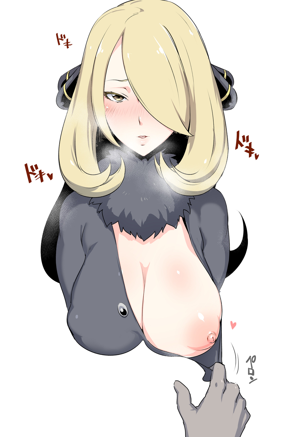 areolae, assisted exposure, bad id, blonde hair, blush, breasts, cynthia (pokemon), erect nipples, female, female only, fur collar, grey eyes, hair over one eye, half-closed eyes, heart, heavy breathing, highres, iku (ikuchan kaoru), large areolae, large breasts, long hair, looking at viewer, nintendo, nipples, no bra, one breast out, pokemon, pokemon dppt, pov, voluptuous, yellow eyes