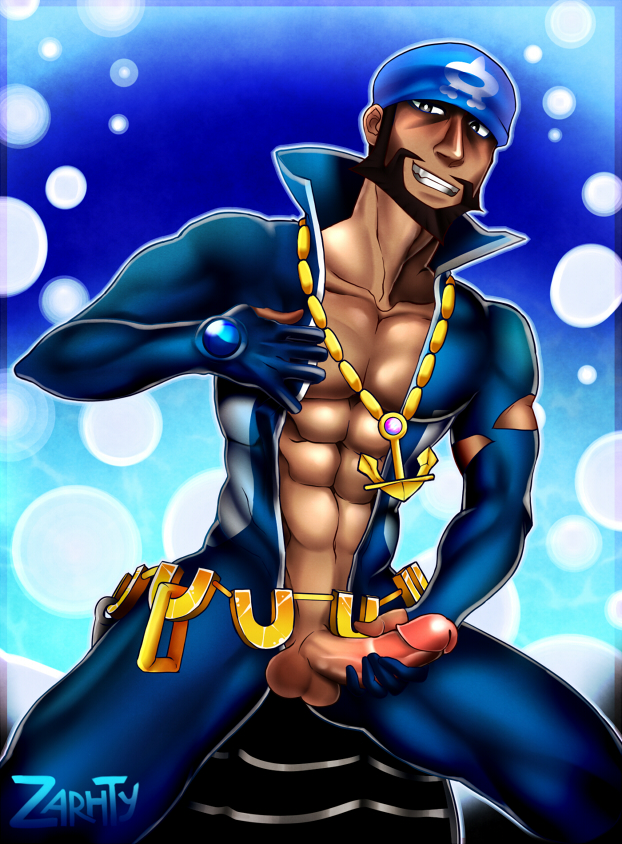 archie_(pokemon) balls bara beard bodysuit boner erection facial_hair headkerchief male male_only masturbation muscles muscular nintendo penis penis_out pokemon solo solo_male team_aqua zarthy000