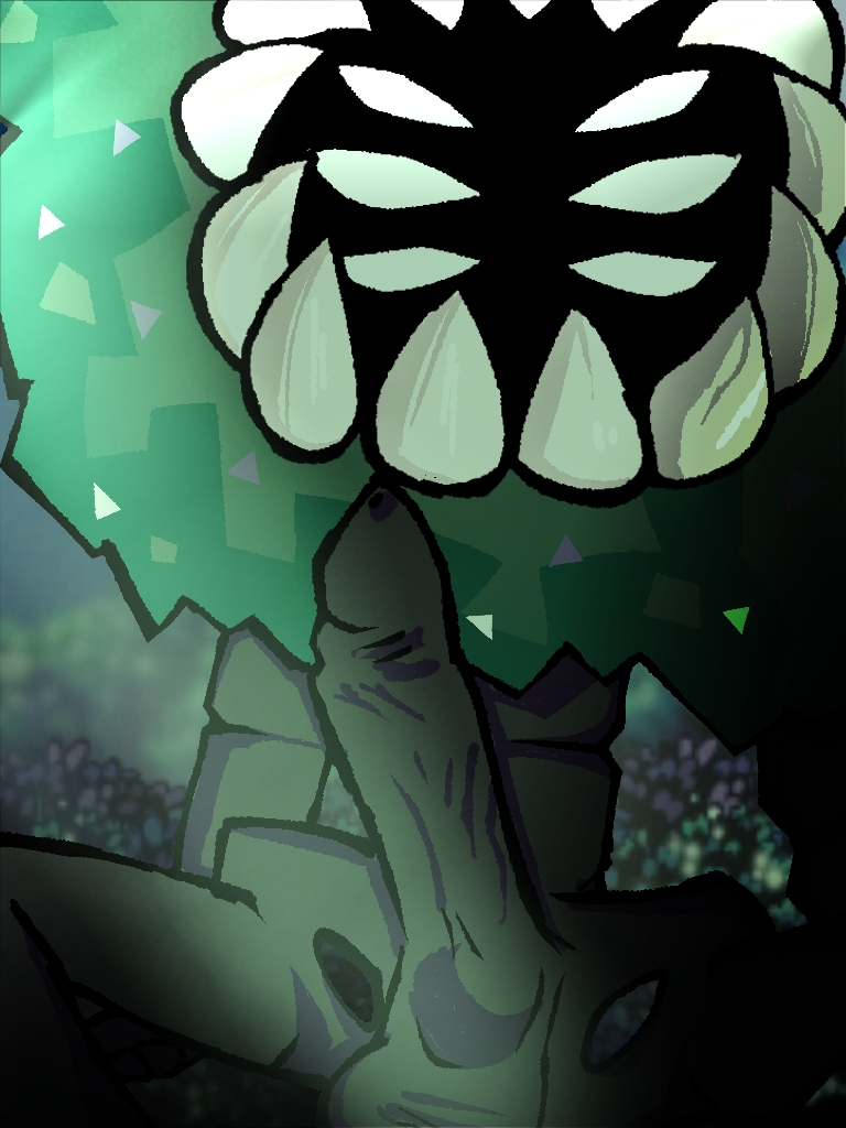 background big_head black_body bush bushes eyes green green_background green_hair hollow_knight non-human non-human_only penis penis_out spine spines teeth the_hunter_(hollow_khight) thin_waist toony