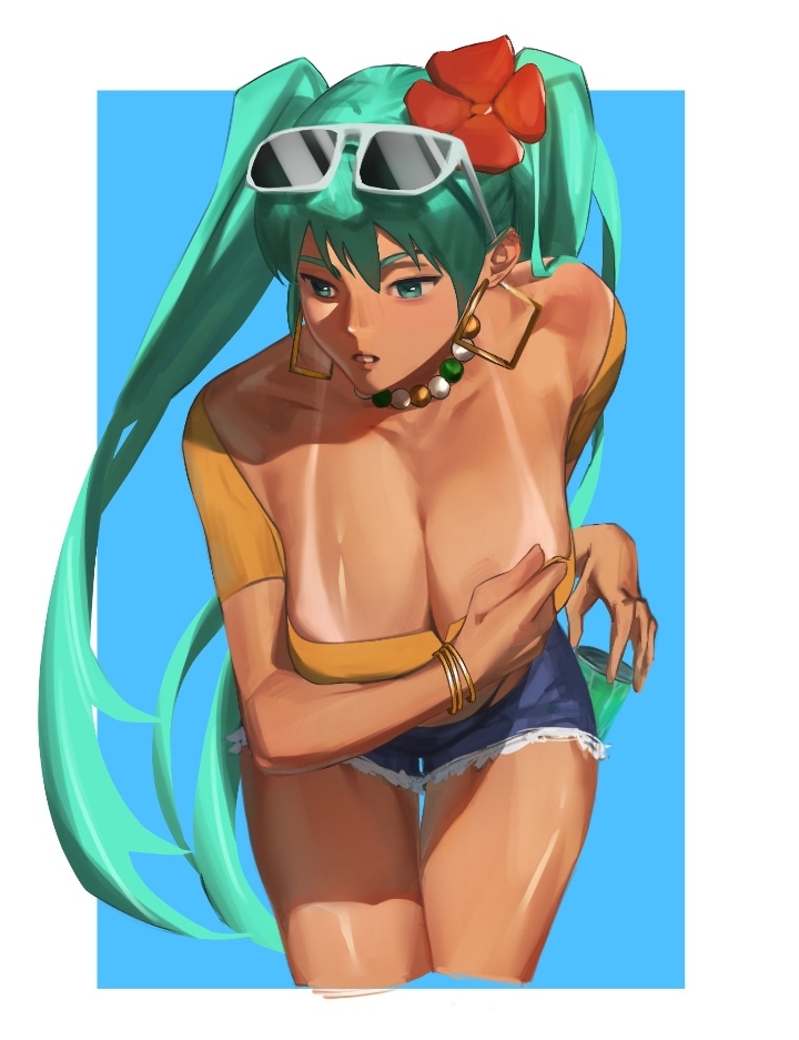 1girl, 1girls, 2024, aqua eyes, aqua hair, bikini tan, blue background, bracelet, bracelets, brazil, brazilian, brazilian female, brazilian miku, breasts, cleavage, collar, cropped legs, cup, cutoffs, denim, denim shorts, earrings, eyewear on head, female, female only, flower, flower in hair, glasses on head, green eyes, green hair, hair flower, hair ornament, hatsune miku, hoop earrings, huge breasts, igedd, jewelry, large breasts, latin american hatsune miku (meme), leaning forward, long hair, necklace, parted lips, shirt, short shorts, shorts, solo, solo female, sunglasses, tan, tan body, tan-skinned female, tanline, tanlines, tanned, thigh gap, thighs, twintails, very long hair, vocaloid