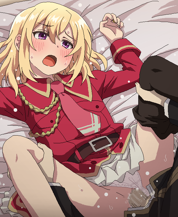 arms_up bed belt belt_skirt blonde_hair blue_eyes clothed_sex clothing_aside collared_jacket excited female jacket jill_savelle leg_grab long_hair long_sleeves lying necktie panties panties_aside pantyhose purple_eyes red_jacket red_necktie red_skirt skirt sweat tomu_(tomubobu) tongue underwear vaginal_penetration white_blanket white_panties yarinaoshi_reijou_wa_ryuutei_heika_wo_kouryakuchuu