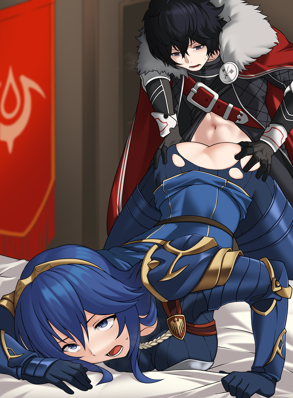 1boy 1girls ahe_gao ass ass_grab ass_up bbk_(13zk) big_ass black_eyes black_hair blue_eyes blue_hair crossover fire_emblem fire_emblem_awakening from_behind_position indoors joker_(persona) lucina_(fire_emblem) medium_breasts nintendo on_bed open_mouth persona ren_amamiya super_smash_bros. super_smash_bros._ultimate tiara