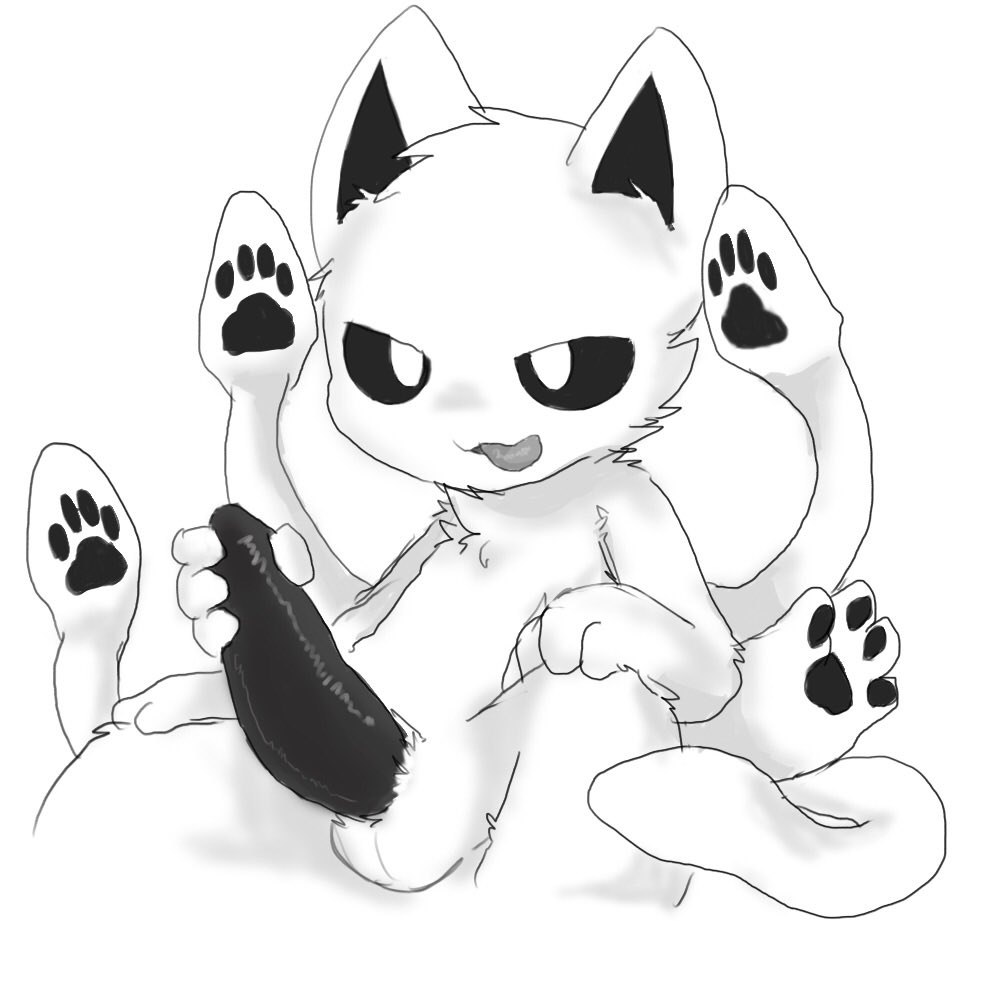 1:1 4_fingers anthro balls black_inner_ear black_penis canid canine canis changed_(video_game) chano elashes fingers fur genitals male mammal masturbation monochrome open_mouth penis solo squid_dog_(changed) tentacle tongue tuft white_body white_fur wolf