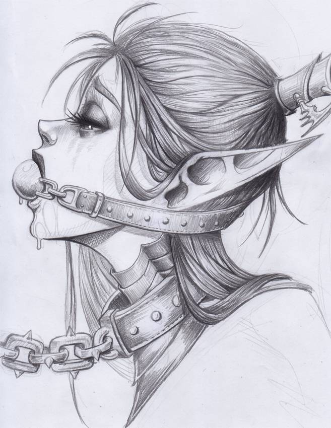 aeldari alien alien_girl black_and_white bondage captured chain chained collar dark_eldar drooling drukhari eldar elf_ears gag gagged lelith_hesperax lewdanon monochrome pencil_sketch sketch warhammer_(franchise) warhammer_40k