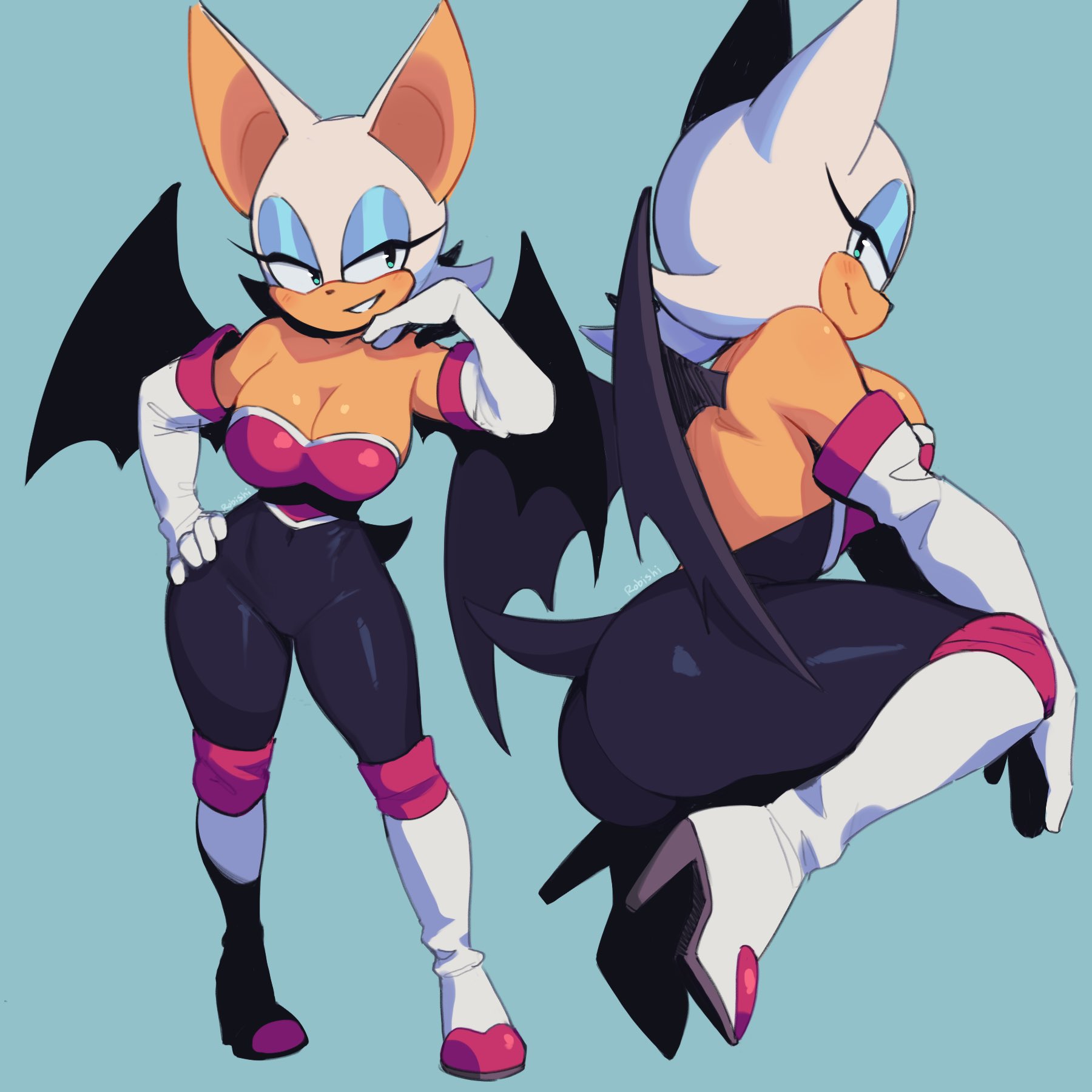 1girls, animal ears, anthro, anthro female, anthro only, aqua eyes, ass, bare shoulders, bat ears, bat girl, bat wings, blue eyeshadow, boots, breasts, cleavage, colored skin, commentary, elbow gloves, english commentary, eyeshadow, female, female only, full body, furry, furry female, furry only, gloves, green background, hand on own hip, high heel boots, high heels, highres, knee boots, large breasts, makeup, mobian (species), multiple views, orange skin, parted lips, rob ishi, rouge the bat, simple background, smile, sonic (series), sonic the hedgehog (series), tail, white footwear, white gloves, white hair, wings