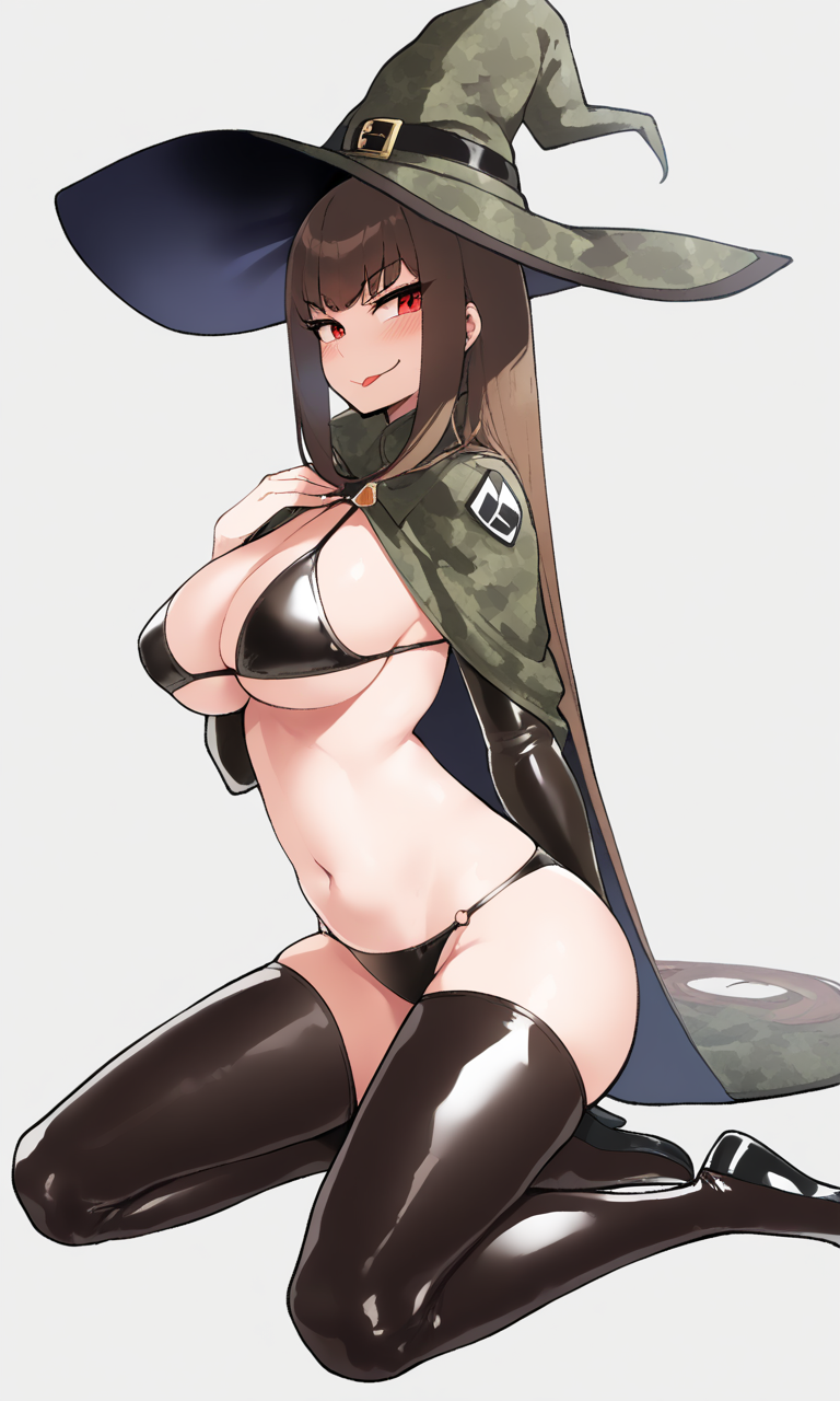 1girls ai_generated bikini brown_hair kneeling large_breasts latex_thighhighs magicman-chan magicman1410 magicwoman midriff military_uniform navel smug_face tongue_out witch witch_hat wizard_hat