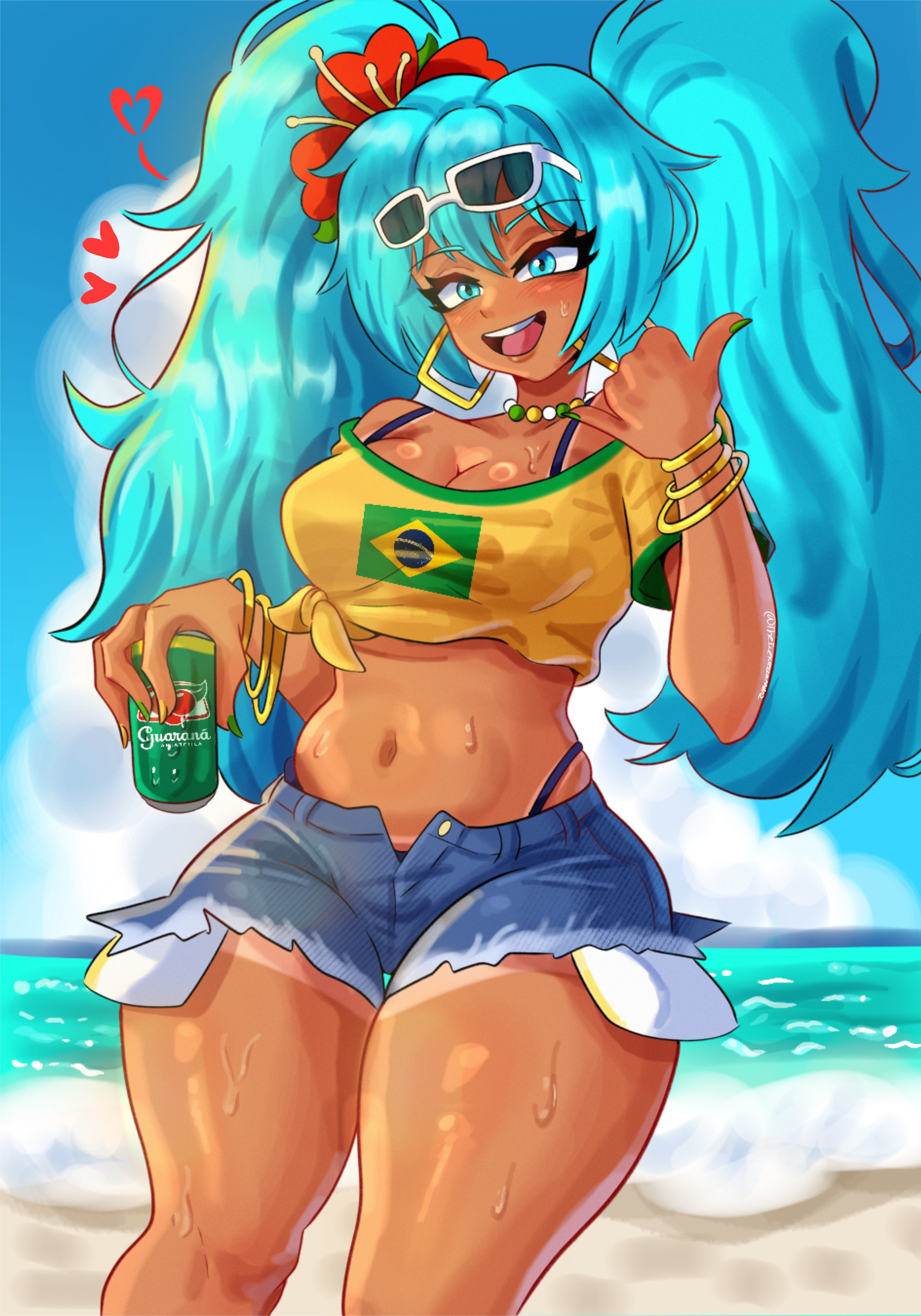 1girl, 1girls, 2024, absurdres, aqua eyes, aqua hair, artist name, beach, bikini, blue eyes, blue hair, blue sky, blush, bracelet, brazil, brazilian, brazilian female, brazilian flag, brazilian miku, breasts, can, cleavage, crop top, cutoffs, cyan eyes, cyan hair, dark skin, dark-skinned female, day, denim, denim shorts, devil horns (gesture), drink, ear piercing, earrings, eyewear on head, female, female only, flag, flag print, flower, flower in hair, hair flower, hair ornament, hatsune miku, heart, highres, holding, jewelry, large breasts, latin american hatsune miku (meme), long hair, looking at viewer, midriff, navel, necklace, ocean, open mouth, outdoors, sand, sea, shirt, short shorts, shorts, sky, smile, solo, solo female, sunglasses, sunglasses on head, sweat, swimsuit, tan, tan skin, tanline, tanlines, theicekreammanz, thick thighs, thong, tied shirt, twintails, very long hair, vocaloid, watermark, wide hips