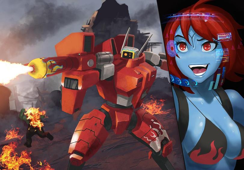 alien alien_girl big_breasts blue_skin bra burning mecha ork tau thevampiredio warhammer_(franchise) warhammer_40k