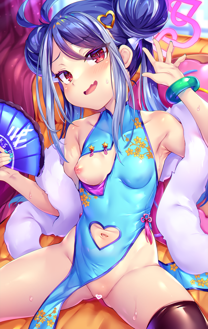 antenna_hair blue_archive blue_hair blush breasts china_dress chinese_clothes clothing_cutout commentary_request dark_blue_hair double_bun dress female fubuki_(blue_archive) hair_bun halo heart_cutout highres long_hair looking_at_viewer multicolored_hair navel_cutout nipples one_breast_out pink_eyes pussy sidelocks small_breasts streaked_hair toraishi_666 white_hair