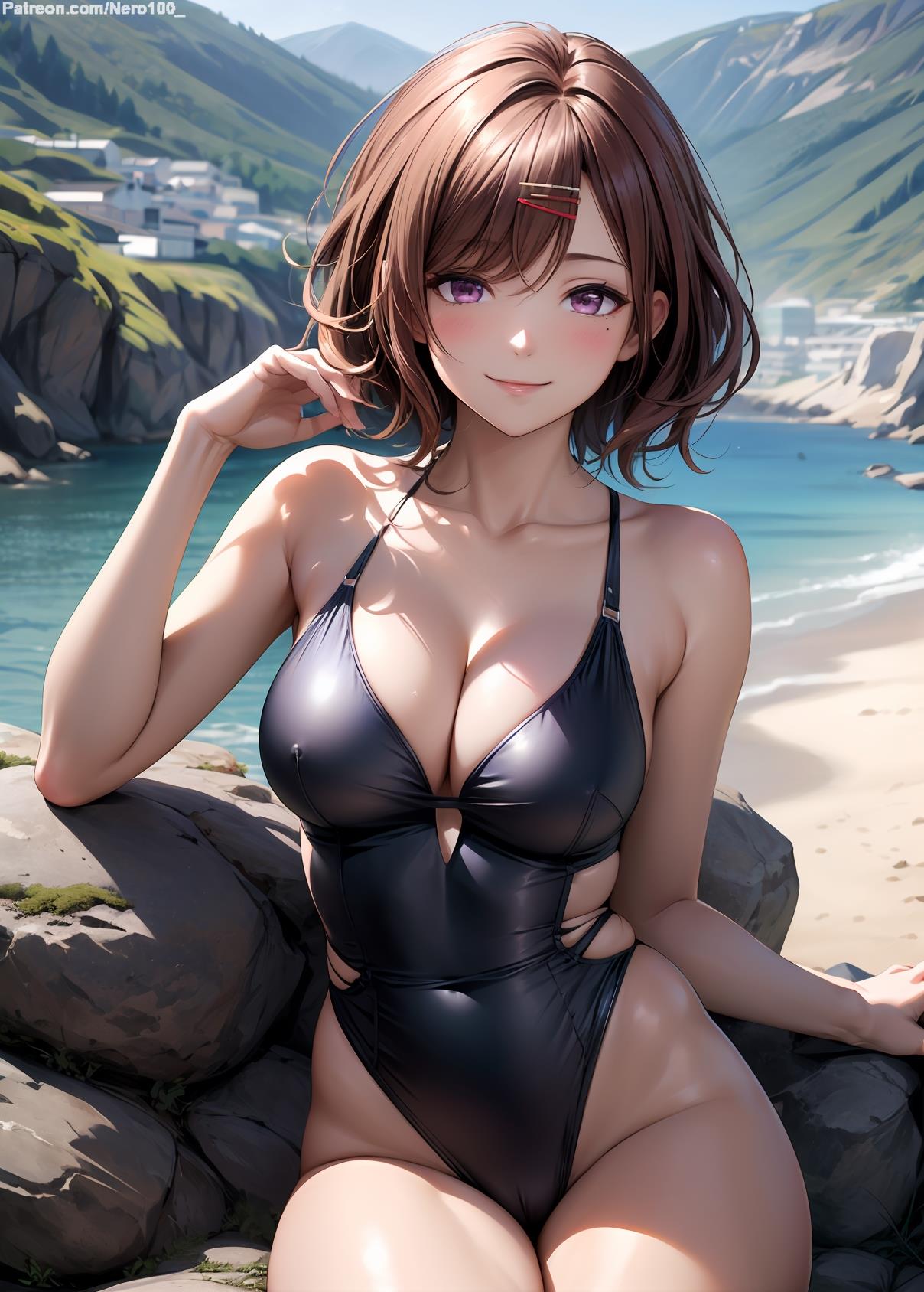 1girls 2d ai_generated athletic athletic_female bare_shoulders belly big_ass brown_hair chest cleavage curvy curvy_figure cute cute_face detailed eyelashes eyeshadow female female_only fit fit_female focus hair_ornament high_quality higuchi_madoka idolmaster idolmaster_shiny_colors legs leotard light-skinned_female light_skin lips lipstick looking_at_viewer makeup mascara mature medium_breasts midriff naked navel nero100 one-piece_swimsuit pale-skinned_female pale_skin petite petite_body posing purple_eyes school_swimsuit seductive seductive_look short_hair skin_tight stable_diffusion swimsuit swimwear tagme thighs young younger_female