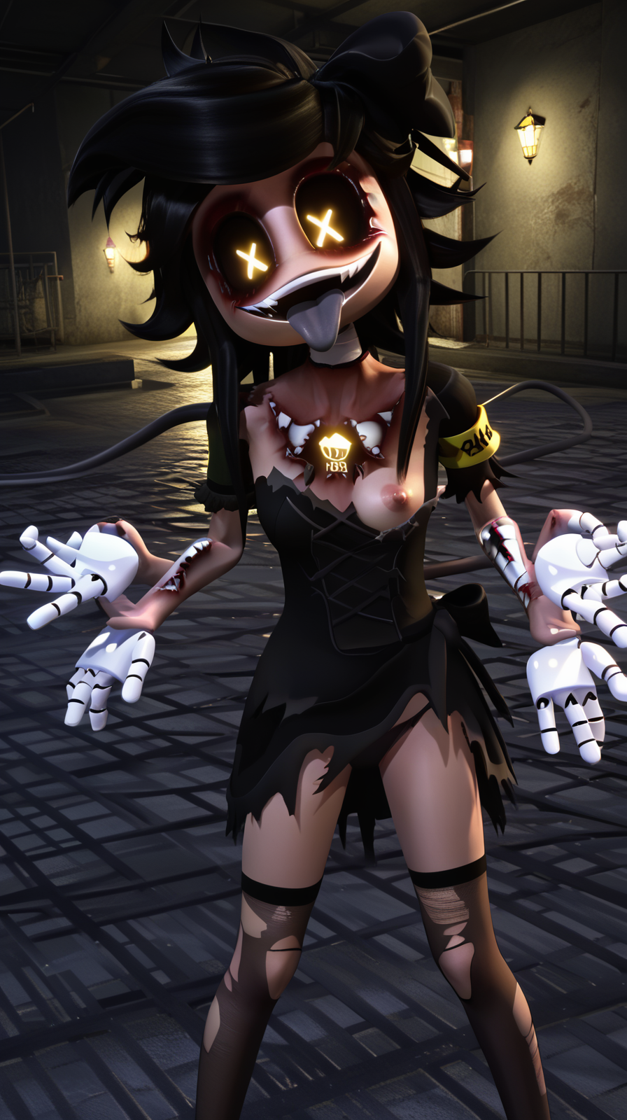 1girls 3d :d ai_generated black_hair black_nails black_panties bow cyn_(murder_drones) cyntessa_(murder_drones) dark female female_only gothic_lolita head_tilt humanoid indoors multi_extremity multi_hand murder_drones nipple one_breast_out open_mouth prefectponyxl_v2(model) robot robot_girl robot_humanoid sharp_teeth solo stable_diffusion standing tessa_elliot tongue_out torn_clothes torn_leggings torn_skin x_eyes